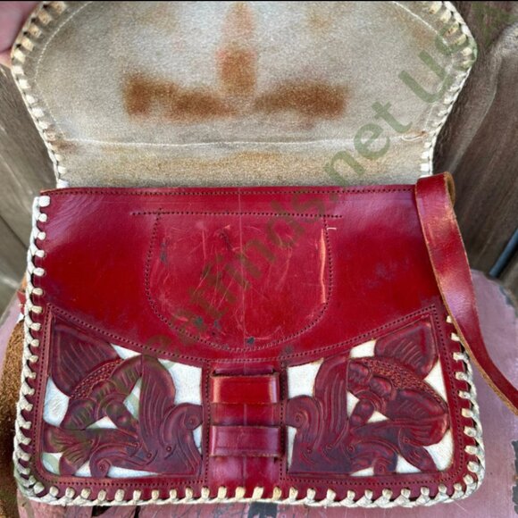 Vintage Mexican Red & White Leather Shoulder Bag Purse - Picture 2 of 14